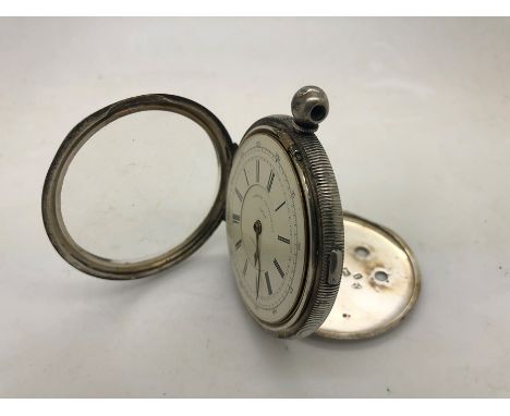 Silver chronograph key wind pocket watch, white enamel face 32749, black Roman numerals. Thomas Hill &amp; Co, Chester 1882. 