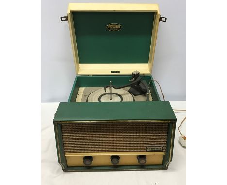 Dansette Conquest Auto portable record player four speed. Green and cream rexine. Condition ReportTurns on power, turntable n