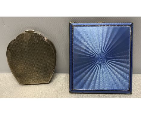 Hallmarked silver, blue enamelled cigarette case, A.C. Birmingham 193. 144gms together with a silver compact case 17.5 x 7cms