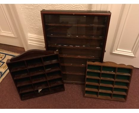 Three wall mounted collectors open display shelves, one with glazed frame attached, 6 height 43 w x 63cms h, medium 42 h x 36