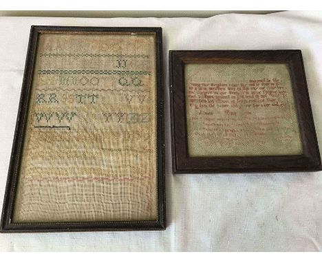 Two samplers, one with the Lords Prayer May 8th 1739 M J Wint? 16 x 18cms with another 19thC sampler 31 x 20cms. Condition Re