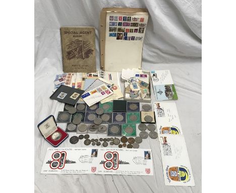 Coins and stamps collection, first day covers, used stamps and envelopes, British and World, selection of coinage. Victorian 