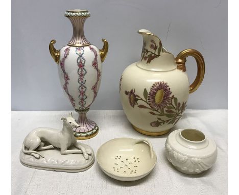 Royal Worcester, floral and gilt decorated jug 20cms h, a twin handle floral vase 23cms h, small white bowl 6cms h together w