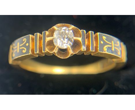 A single stone diamond ring set in 18ct gold with black enamel decoration, maker J.S. Size J. 3.2gms. Condition ReportSome ch