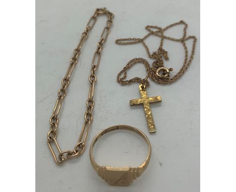 Nine carat gold to include signet ring, crucifix on chain 42cms l and chain link bracelet, total weight 7.9gms. 