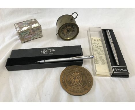 Small mother of pearl trinket box 6 w x 4 d x 4cms h, small brass clock 5.5cms w, Parker 105 pen and a Swarovski Crystal tip 