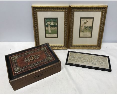 Pair of gilt framed Kate Greenaway coloured prints with verse. 11 h x 6.5cms w. Framed needlework sampler, alphabet and numbe