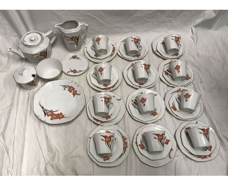 Czechoslovakian bone china floral patterned tea ware, 43 pieces, teapot, hot water jug with plate, lidded jam dish, 2 serving