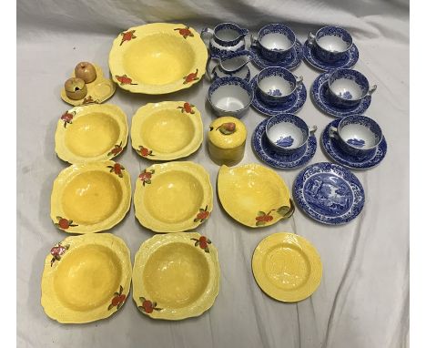 Spode Italian blue and white part tea set. 16 pieces, 6 cups, 7 saucers, 2 jugs and a sugar bowl and Royal Venton ware yellow