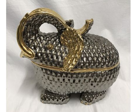 Italian pottery, large gilt and silver decorated lidded dish in the form of an elephant 24cms h approx 27cms l, 20cms w. Cond