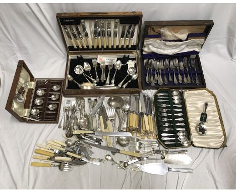 Large selection of silver plated cutlery cased and loose. Spoon and fork sets, faux ivory handled knives and forks etc. Condi