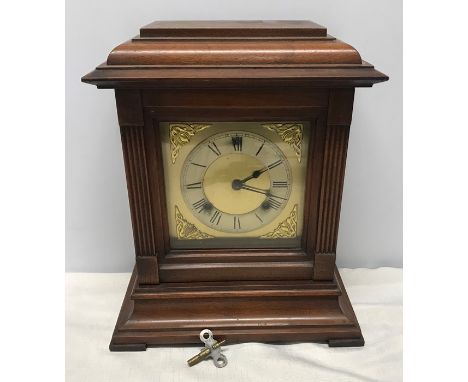 Mahogany cased mantle clock, Ansonia Clock Co, USA with double ended key. 36 h x 31 w x 18cms d. Condition ReportSome wear to