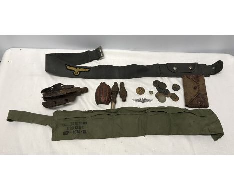 World War II German Military belt, 86cms l with winged eagle patch, shrapnel including half of a hand grenade. R.A.F. winged 