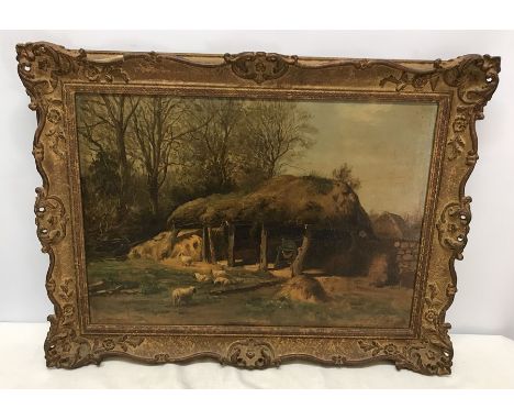Decorative gilt framed oil painting on canvas, signed R. Wane 1882. Country Farm scene with Hay Barn and Sheep. 35cms h x 50c