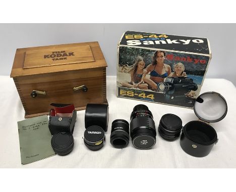 A wooden Kodak film developing tank 25cms w x 15cms h, a Sankyo ES-44 Super 8 camera, boxed, together with 5 assorted SLR cam