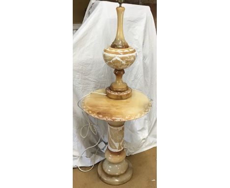 Engraved onyx large table lamp stood on a onyx pedestal stand with circular top lamp. 53 h without shade, pedestal table 58cm