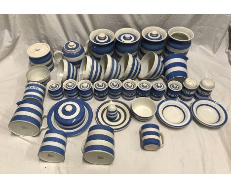 T.G. Green blue and white Cornish ware. Storage jars 10cms, butter dish, salt and sugar pots, coffee jar and a mug. 35 pieces