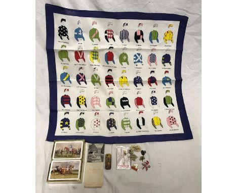 Mixed lot, Headscarf with racehorse owner colours, 49cms square, Racehorse playing cards, small tin with lithograph print of 