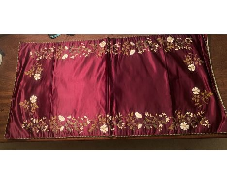 Textiles to include two 19thC hand embroidered silk table covers 49 x 96cms, an embroidered cushion cover and fabric piece. C