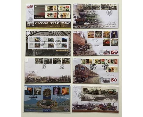 A collection of 8 First Day Covers relating to Trains (one with a metal coin) signed by Mark Cole, Peter Johnson, Ian Blake, 