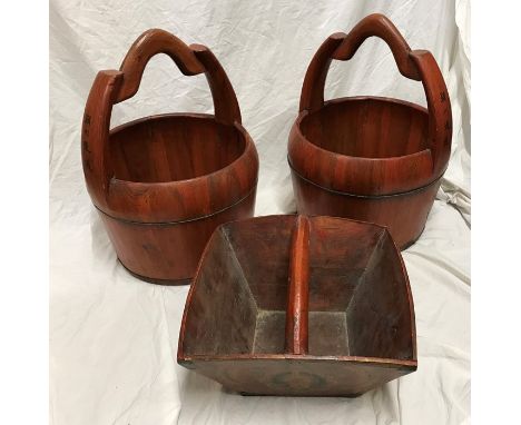 Pair of Chinese metal wire bound buckets with writing on the handles, approx 49cms h x 37cms w and a trug tray with carry han