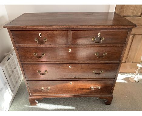 A 19thC mahogany chest of drawers, 2 short over 3 long drawers, drop handles and ivory escutcheons on bracket feet. 98 h x 10