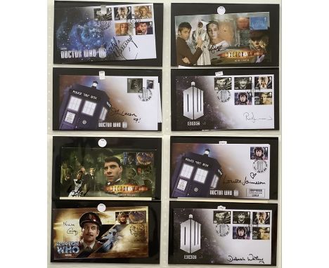 A collection of 39 First Day Covers relating to Doctor Who signed by Tom Barker, Colin Baker, Peter Davison, William Hartnell
