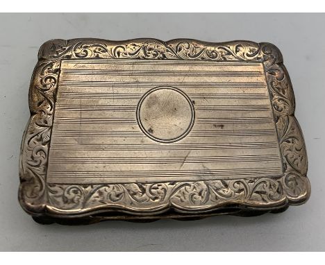Hallmarked silver snuff box Birmingham 1926, maker Turner and Simpson. 53.8gms. 6.5 x 4.5cms approx. Condition Reportsurface 