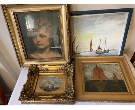 Three various prints and an oil- ships and a male portrait. Latter 28cms x 23cms.Condition ReportSome damage to frame of male
