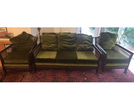 Three piece bergere cane suite. Two seater sofas and two armchairs. Chair 75d x 68w x 78hcm to back. Sofa 75d x 78h to back x