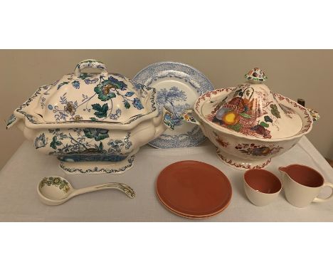 Ceramics including two Masons fruit basket tureens, Poole pottery jug, bowl and two plates, ladle and 19thC blue &amp; white 