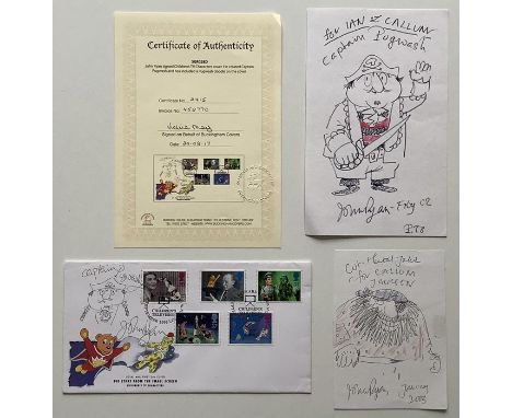 A collection of 3 John Ryan signed and hand-drawn sketches, 1 on a First Day Cover (stamped 1996) and 2 on white paper. Also,