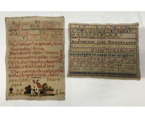 Three Victorian samplers, one portrait 28 x 40cms with pictorial house scene by Ann Oddy aged 9 years, 1851, the other landsc