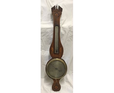 Victorian mahogany barometer with inlaid shell and floral panels. Steel face. 99 h x 25cms w. Condition ReportLoose small han