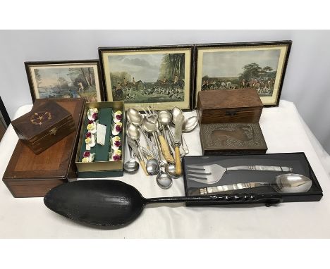 Mixed lot to include brass box with Fo dog decoration 17cms w, three wooden trinket boxes, one inlaid 13cms w, large iron lad