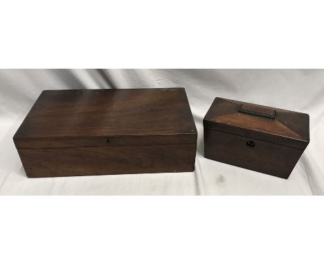 Mahogany writing box 35 w x 21 d x 10cms h and a mahogany sarcophagus tea caddy 20 w x 11 d x 12cms h. Condition ReportTea ca