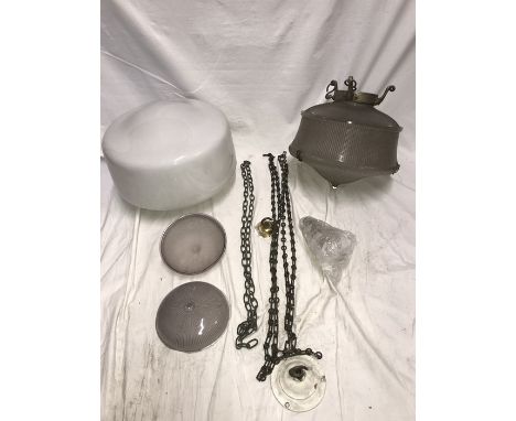 A Holyphane glass ceiling light 30.5cms w with clips and chain and ceiling hook drop to hanging hooks 30cms. A white glass ce