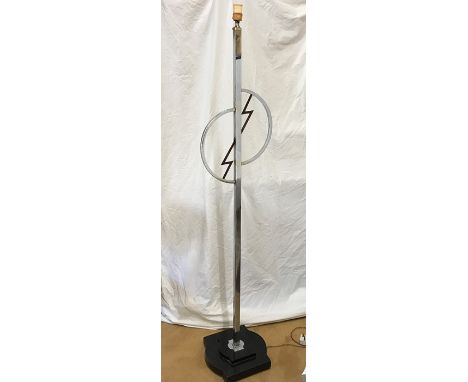 Art Deco chrome standard lamp with lightning flash design on black painted wooden base. 152cms h x 30cms base width. Conditio
