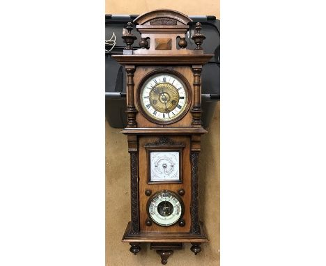 Victorian mahogany cased wall clock barometer thermometer. 80cms h x 28cms w x 16cms d. Condition ReportCrack to thermometer 