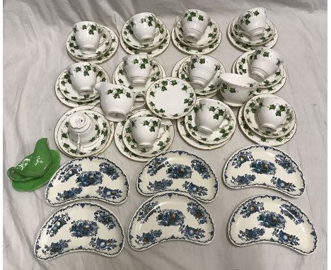 Colclough bone china part tea set, 12 cups, side plates, 13 saucers, milk jug and sugar bowl, 6 Masons fruit basket oval side