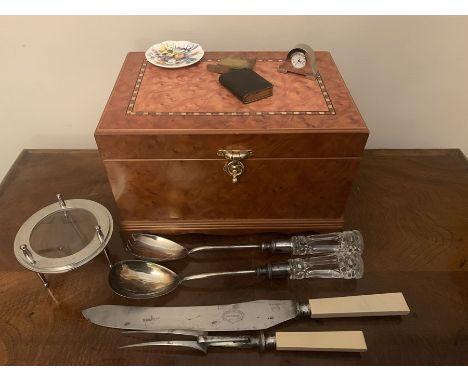 Miscellany to include modern jewellery box, salad servers, carving knife and fork, magnified miniature mantle clock, early 20