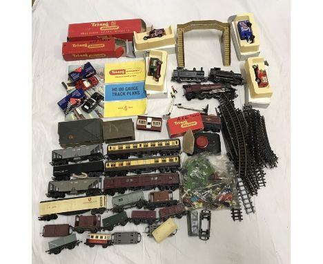 Triang 00 model train set, 3 engines. Carriages, Goods Wagon, track, side buildings and figures. Hornby bridge. 2 boxed Corgi