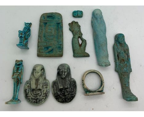 Egyptian Ushabti, ring etc, 6.55cms h. Tallest 6.5cms. Condition ReportSome with slight chips and wear.&nbsp;