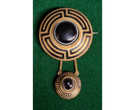 Victorian Banded Agate &amp; Black Enamel Greek Key Pattern Brooch. 