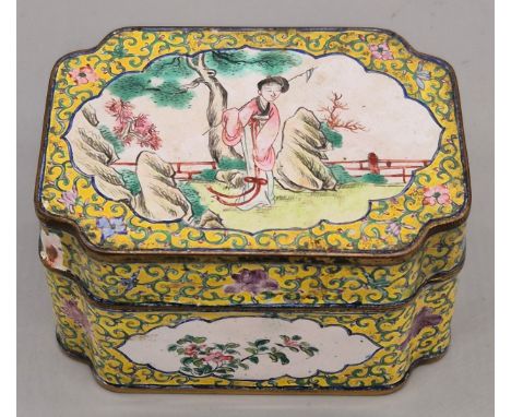 Early 20th century Chinese enamel painted lidded preserve box. Yellow ground. Panel painting depicting lady in a gown. [5x9x6