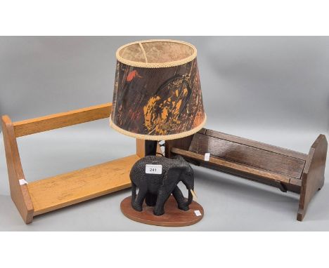 Two vintage table top book cases together with African Carved elephant figural table lamp 