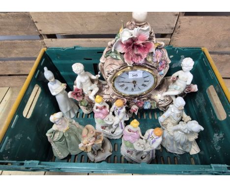 A Crate of Victorian figures &amp; Capodimonte porcelain clock &amp; other items 