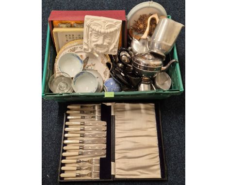 Crate of collectables; Picquot ware tea/ coffee service, silver plated ware, Chinese ceramics, Boxed cutlery set and many mor