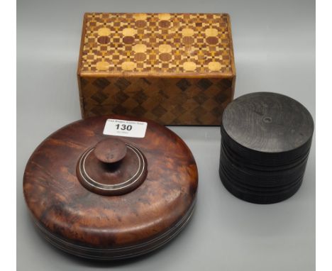Japanese parquetry puzzle box. African Rosewood lidded trinket box and Burr Walnut lidded preserve.