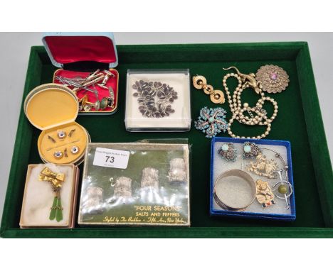 A Collection of jewellery: Rolled gold and jade brooch, Four seasons salt and peppers set, Chester silver napkin ring, variou